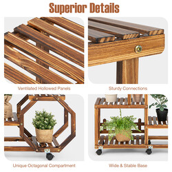 Blomställning i trä med hjul och 8 hyllor för inomhusbruk, naturlig färg