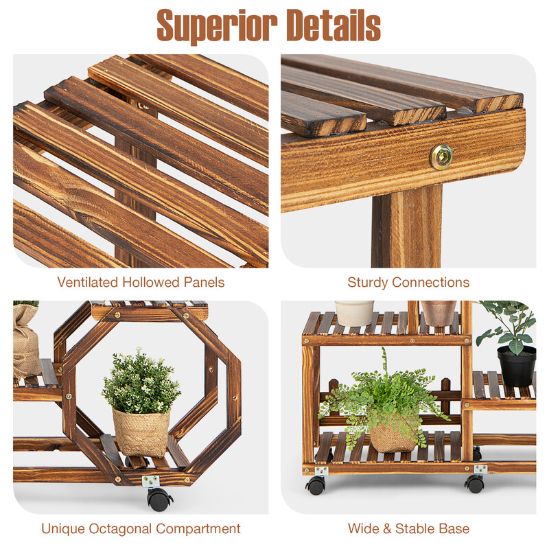 Blomställning i trä med hjul och 8 hyllor för inomhusbruk, naturlig färg