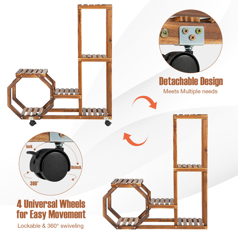 Växthylla i furu med avtagbara hjul och sex nivåer för inomhus- och utomhusbruk
