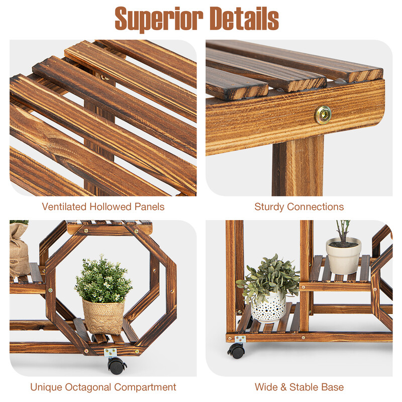 Växthylla i furu med avtagbara hjul och sex nivåer för inomhus- och utomhusbruk