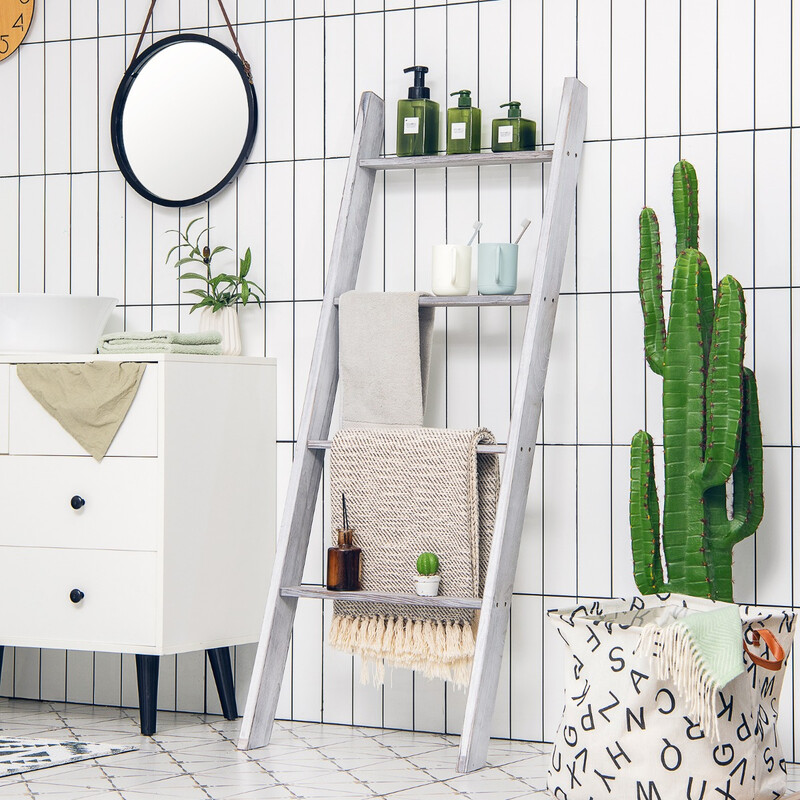 Handdukshållare fyranivåers förvaringsstege i trä 50 x 7,5 x 136,7 cm grå