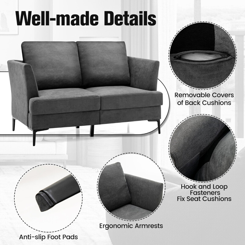 Modernt grått tvåsitssoffa med ergonomisk design och avtagbara kuddar