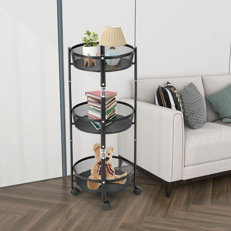 Trevånings hopfällbar metallvagn med hjul för frukt och grönsaker - svart 37,5 x 87 cm