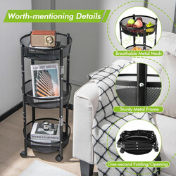 Trevånings hopfällbar metallvagn med hjul för frukt och grönsaker - svart 37,5 x 87 cm