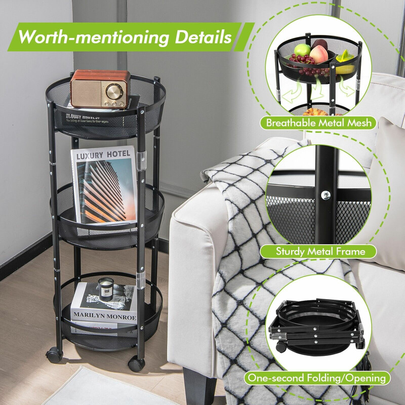 Trevånings hopfällbar metallvagn med hjul för frukt och grönsaker - svart 37,5 x 87 cm