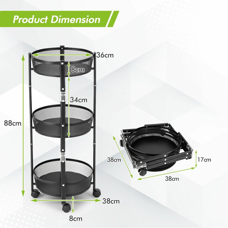 Trevånings hopfällbar metallvagn med hjul för frukt och grönsaker - svart 37,5 x 87 cm