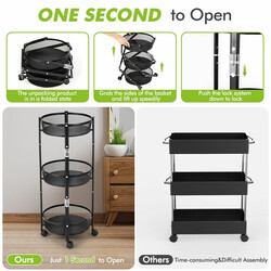 Trevånings hopfällbar metallvagn med hjul för frukt och grönsaker - svart 37,5 x 87 cm