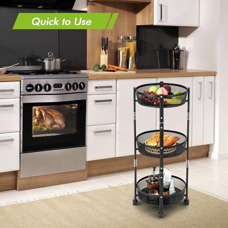 Trevånings hopfällbar metallvagn med hjul för frukt och grönsaker - svart 37,5 x 87 cm