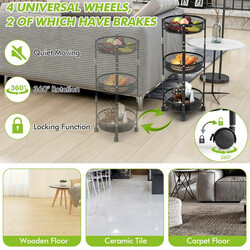 Trevånings hopfällbar metallvagn med hjul för frukt och grönsaker - svart 37,5 x 87 cm