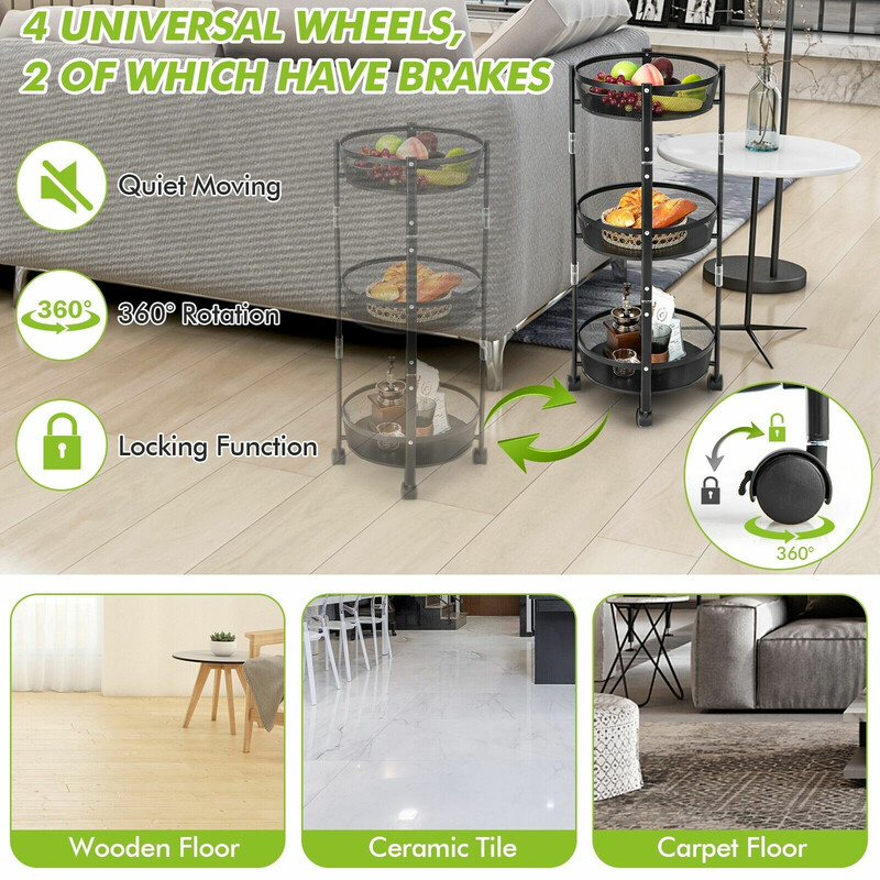 Trevånings hopfällbar metallvagn med hjul för frukt och grönsaker - svart 37,5 x 87 cm