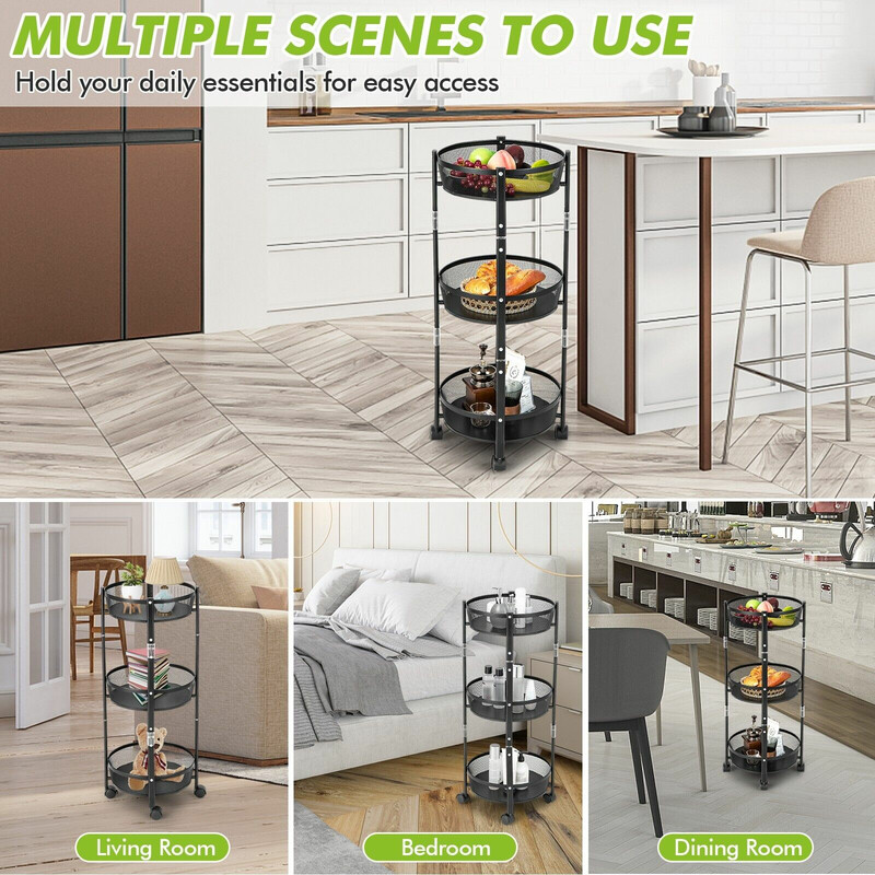 Trevånings hopfällbar metallvagn med hjul för frukt och grönsaker - svart 37,5 x 87 cm