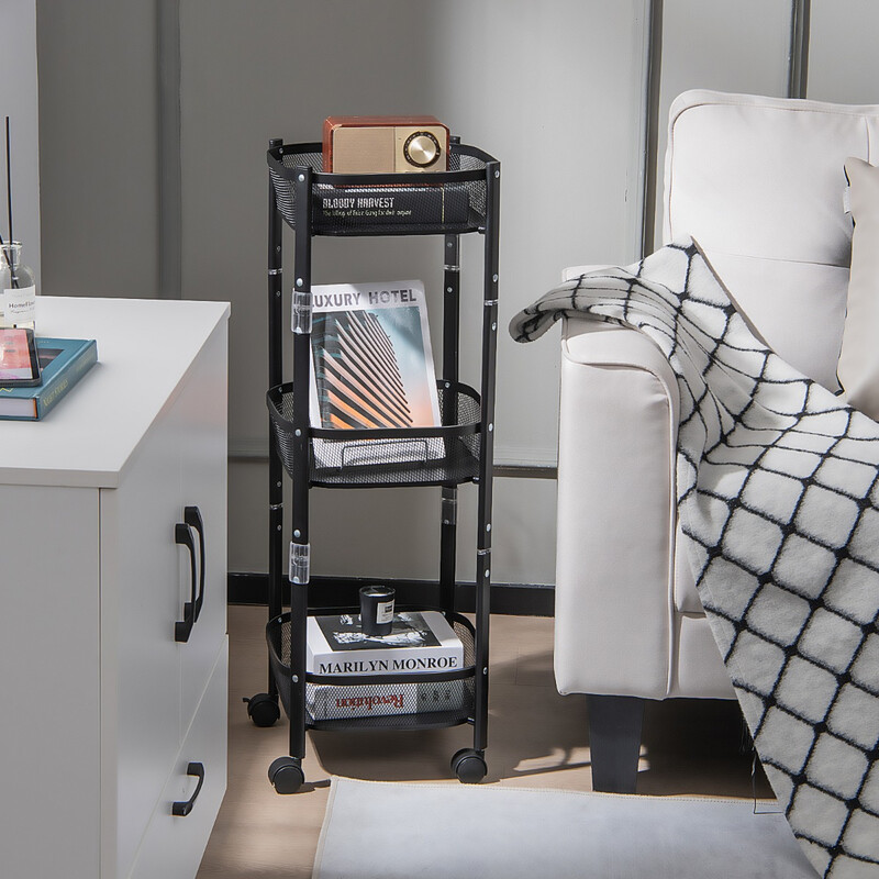 Trevånings hopfällbar metallvagn med hjul för frukt och grönsaker - svart 37,5 x 87 cm