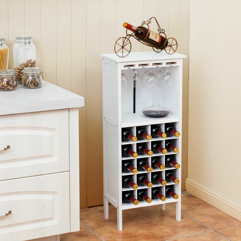 Vitt vinskåp i trä för 20 flaskor med glasupphängning och extra förvaring