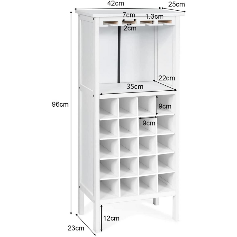 Vitt vinskåp i trä för 20 flaskor med glasupphängning och extra förvaring