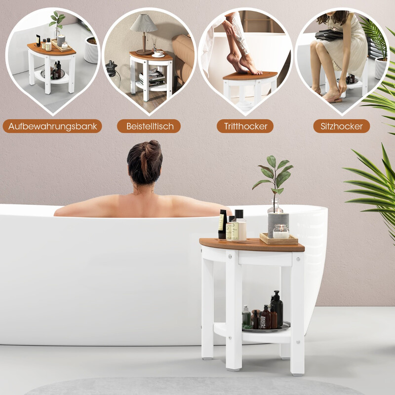 Hörnduschpall i vit HDPE-plast med extra hylla och halkfria fötter