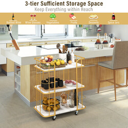 Gyllene serveringsvagn med tre nivåer och marmoryta för elegant heminredning