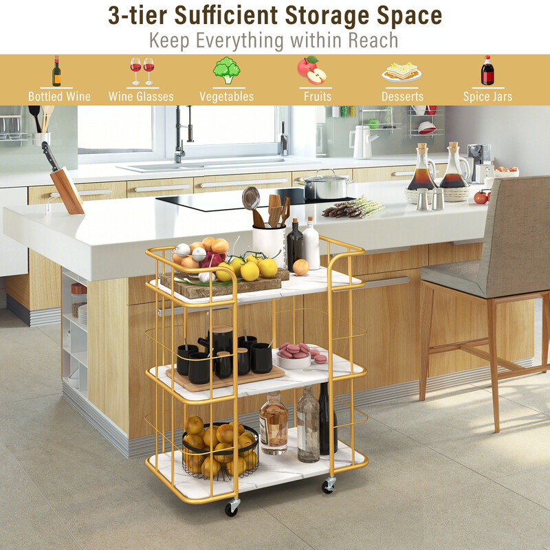 Gyllene serveringsvagn med tre nivåer och marmoryta för elegant heminredning