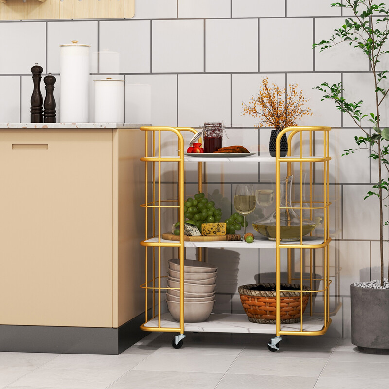 Gyllene serveringsvagn med tre nivåer och marmoryta för elegant heminredning