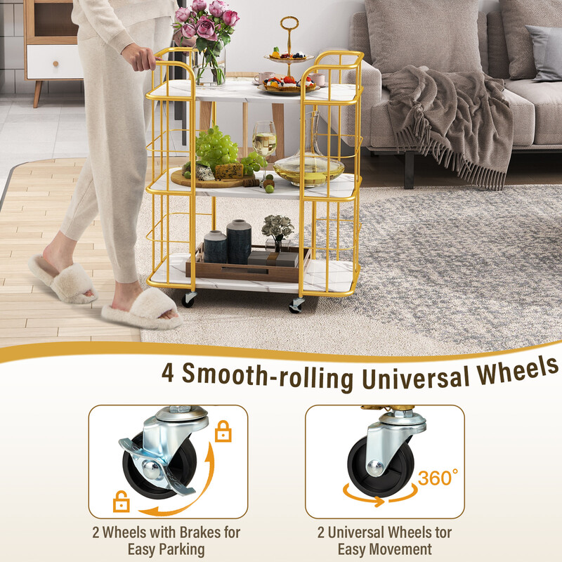 Gyllene serveringsvagn med tre nivåer och marmoryta för elegant heminredning
