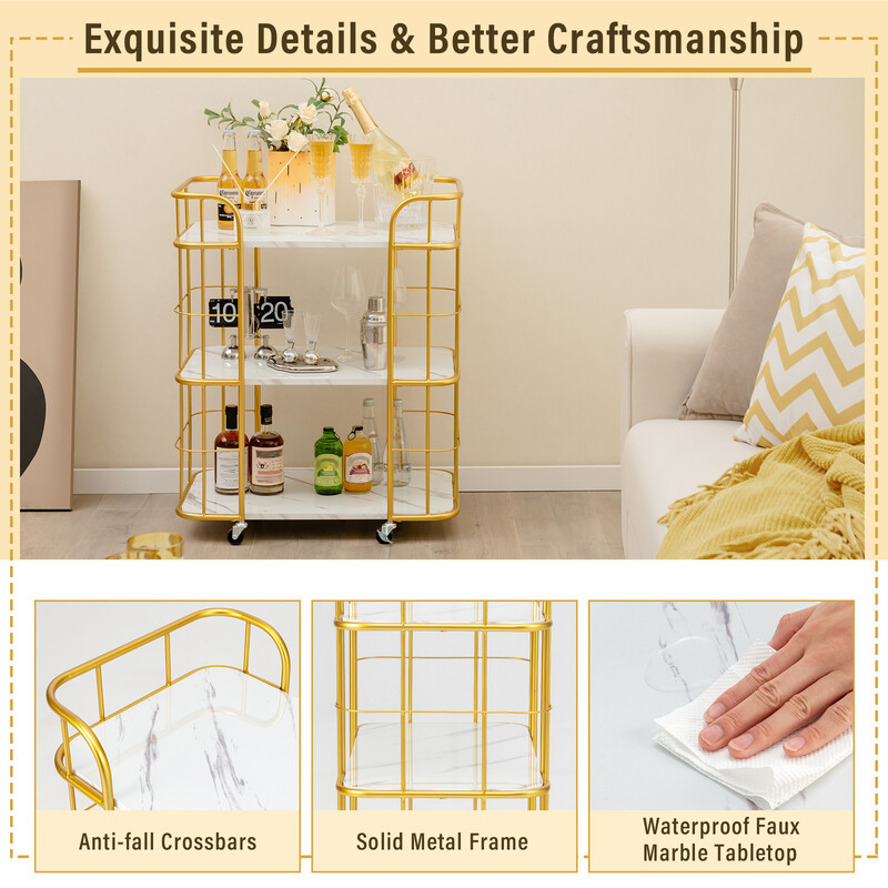 Gyllene serveringsvagn med tre nivåer och marmoryta för elegant heminredning