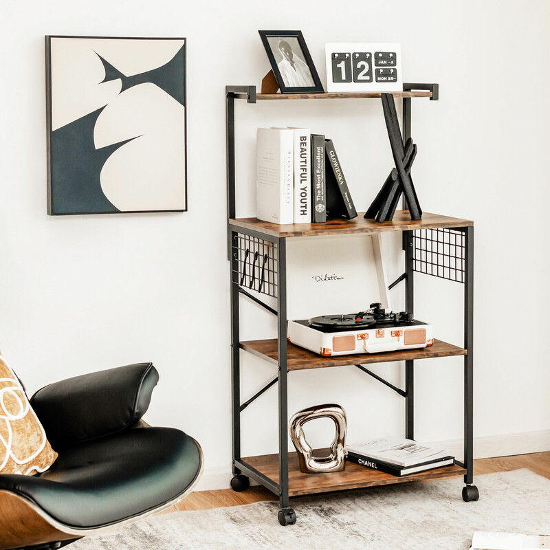 Industriell kökshylla med fyra nivåer och hjul, lantligt brun, 60 x 42 x 122 cm