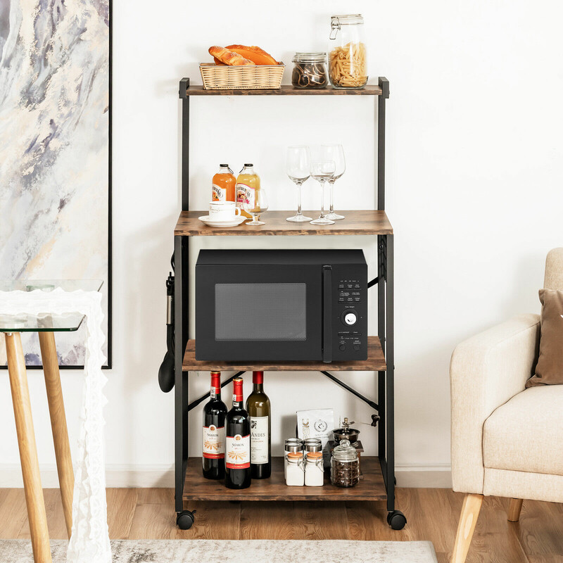 Industriell kökshylla med fyra nivåer och hjul, lantligt brun, 60 x 42 x 122 cm