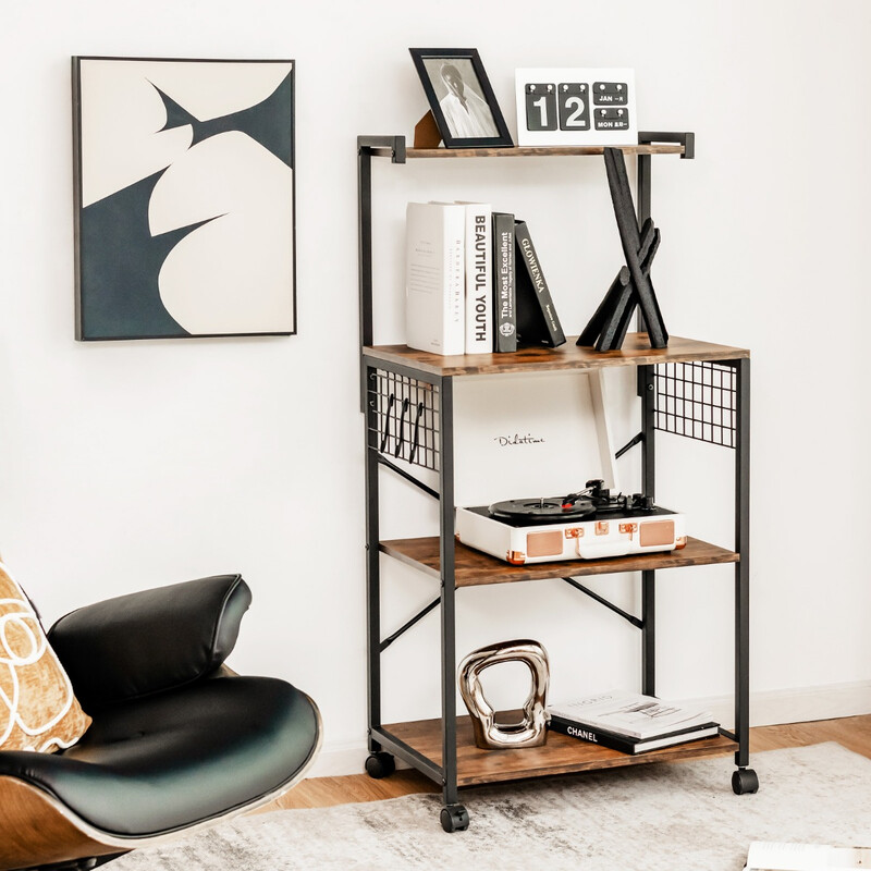 Industriell kökshylla med fyra nivåer och hjul, lantligt brun, 60 x 42 x 122 cm