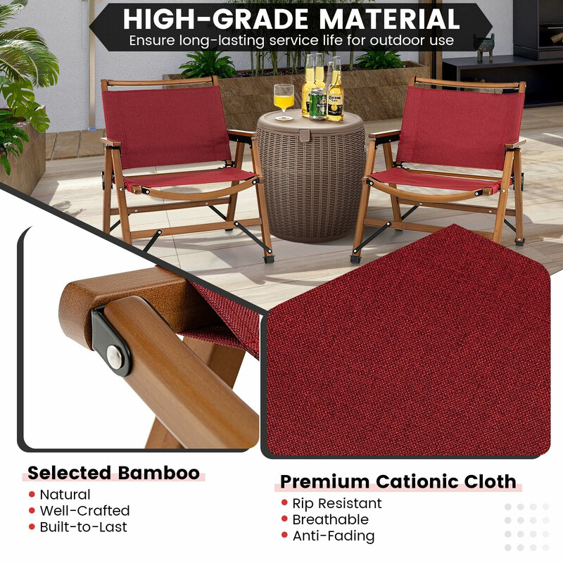 Hopfällbar campingstol i bambu med ergonomisk design och andningsbart tyg, röd