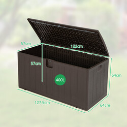 Stor brun förvaringslåda 400L UV-skydd trädgård bänk HDPE 127,5x64x64 cm