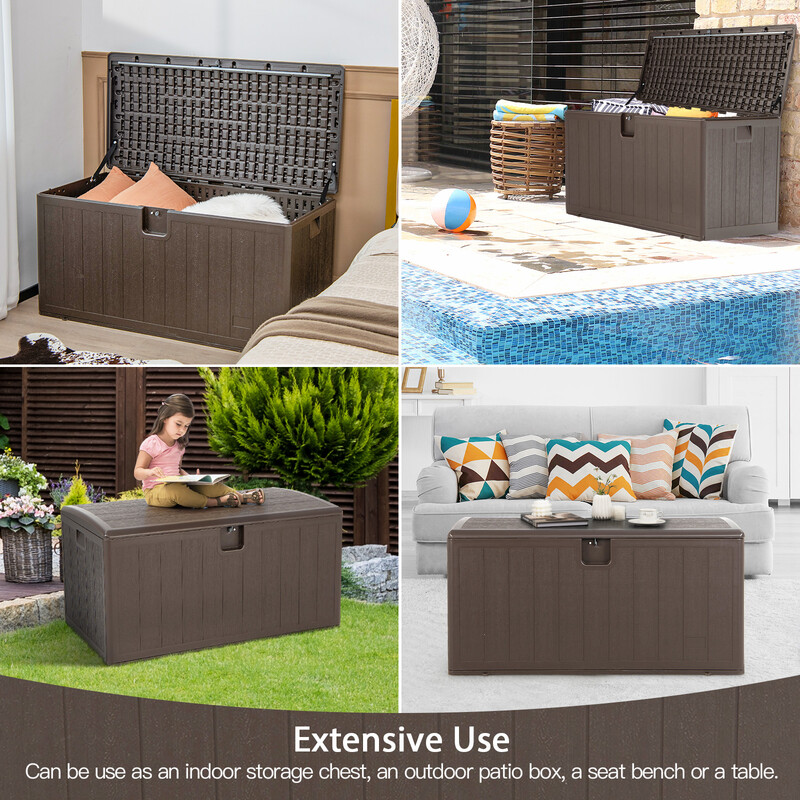 Stor brun förvaringslåda 400L UV-skydd trädgård bänk HDPE 127,5x64x64 cm
