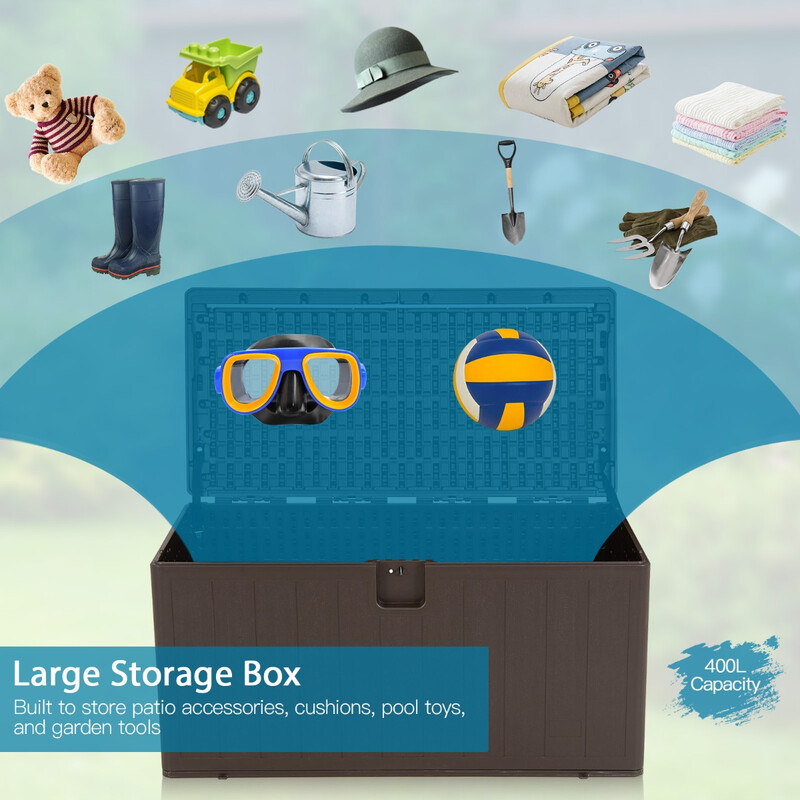 Stor brun förvaringslåda 400L UV-skydd trädgård bänk HDPE 127,5x64x64 cm