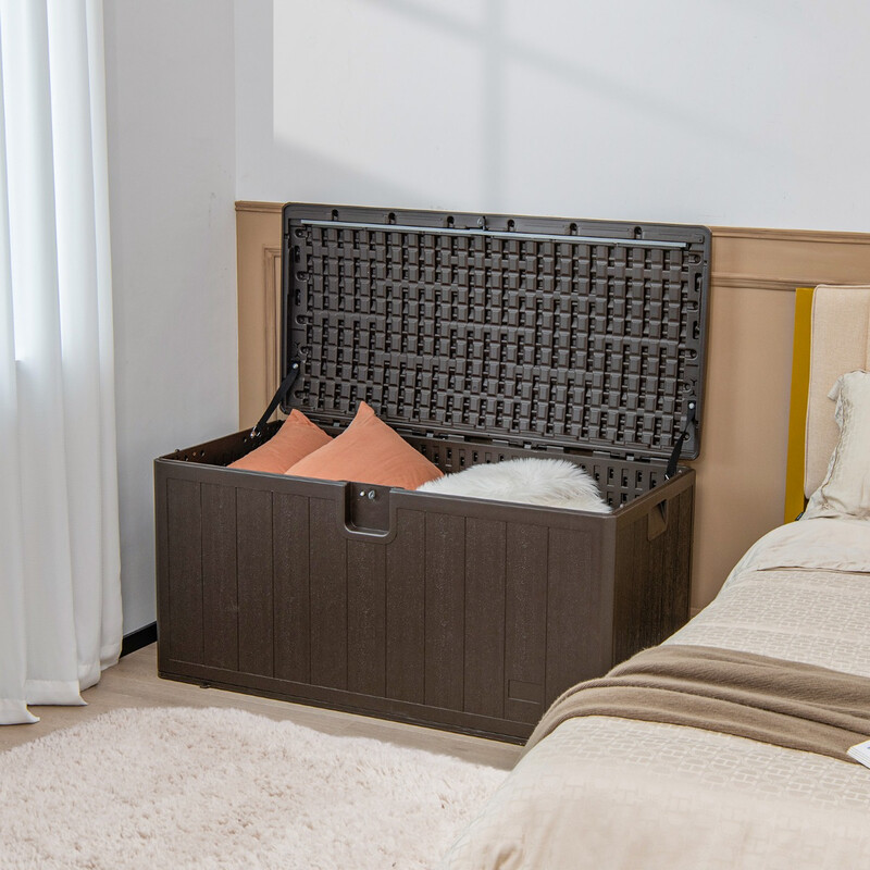Stor brun förvaringslåda 400L UV-skydd trädgård bänk HDPE 127,5x64x64 cm