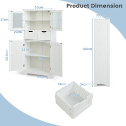 Fristående badrumsskåp med glasdörrar och justerbara hyllor, vit, 60 x 30 x 128 cm