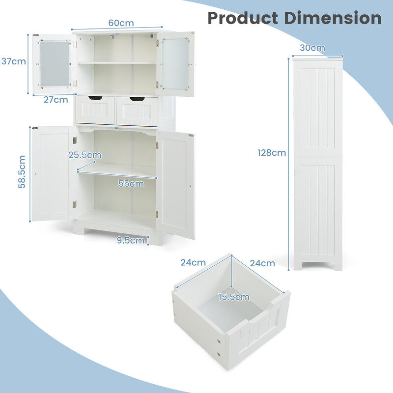 Fristående badrumsskåp med glasdörrar och justerbara hyllor, vit, 60 x 30 x 128 cm