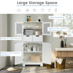 Fristående badrumsskåp med glasdörrar och justerbara hyllor, vit, 60 x 30 x 128 cm