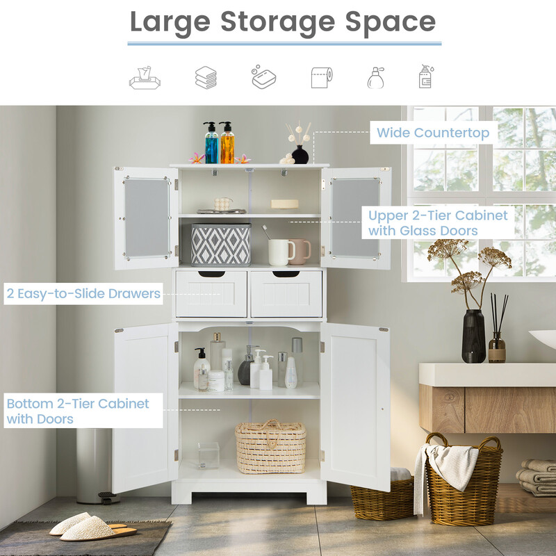 Fristående badrumsskåp med glasdörrar och justerbara hyllor, vit, 60 x 30 x 128 cm