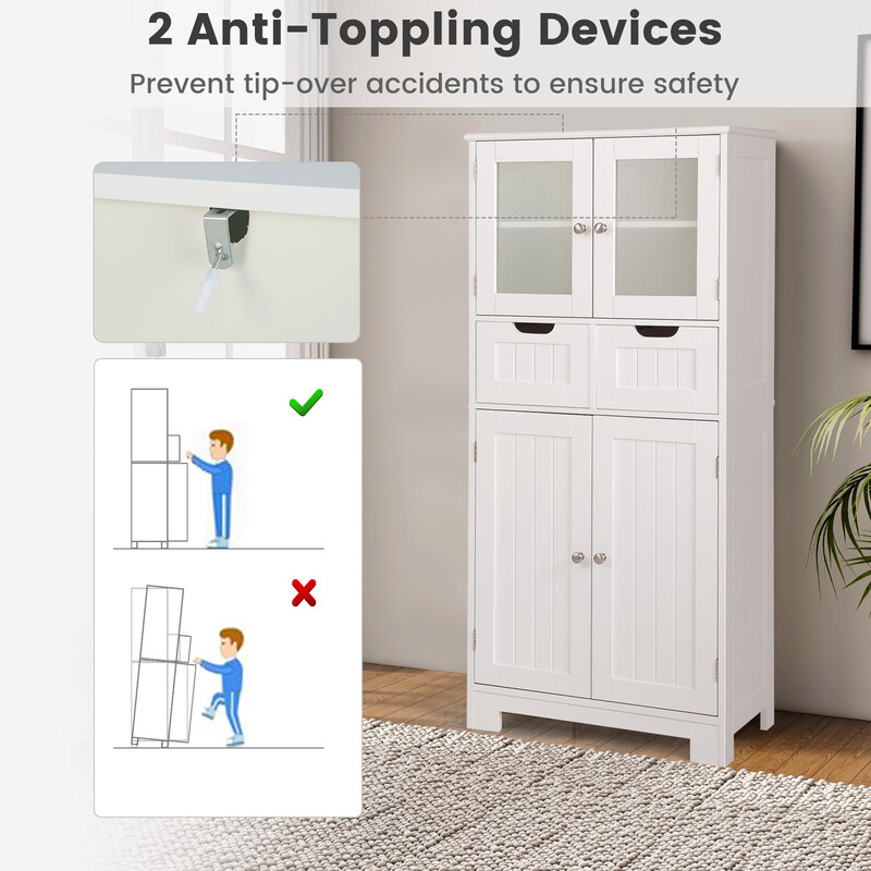 Fristående badrumsskåp med glasdörrar och justerbara hyllor, vit, 60 x 30 x 128 cm