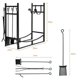 Robust vedställ i metall med verktygsset och avtagbara tändhyllor, svart 76x33x76 cm