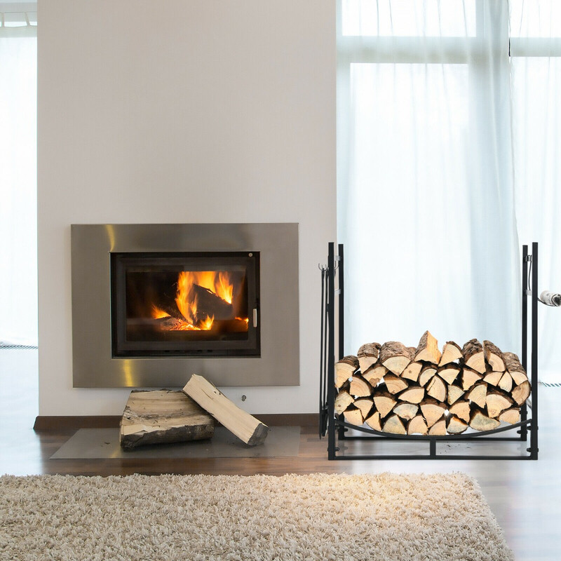 Robust vedställ i metall med verktygsset och avtagbara tändhyllor, svart 76x33x76 cm