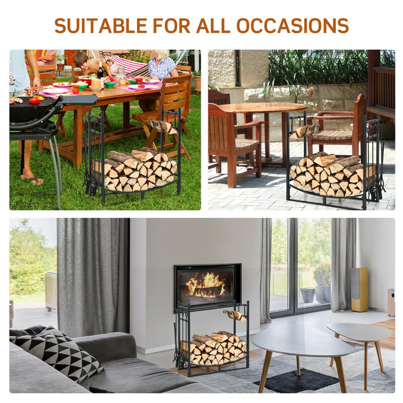 Robust vedställ i metall med verktygsset och avtagbara tändhyllor, svart 76x33x76 cm