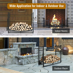 Robust vedställ med verktygsset och tändhyllor, svart stål, 91x33x76 cm