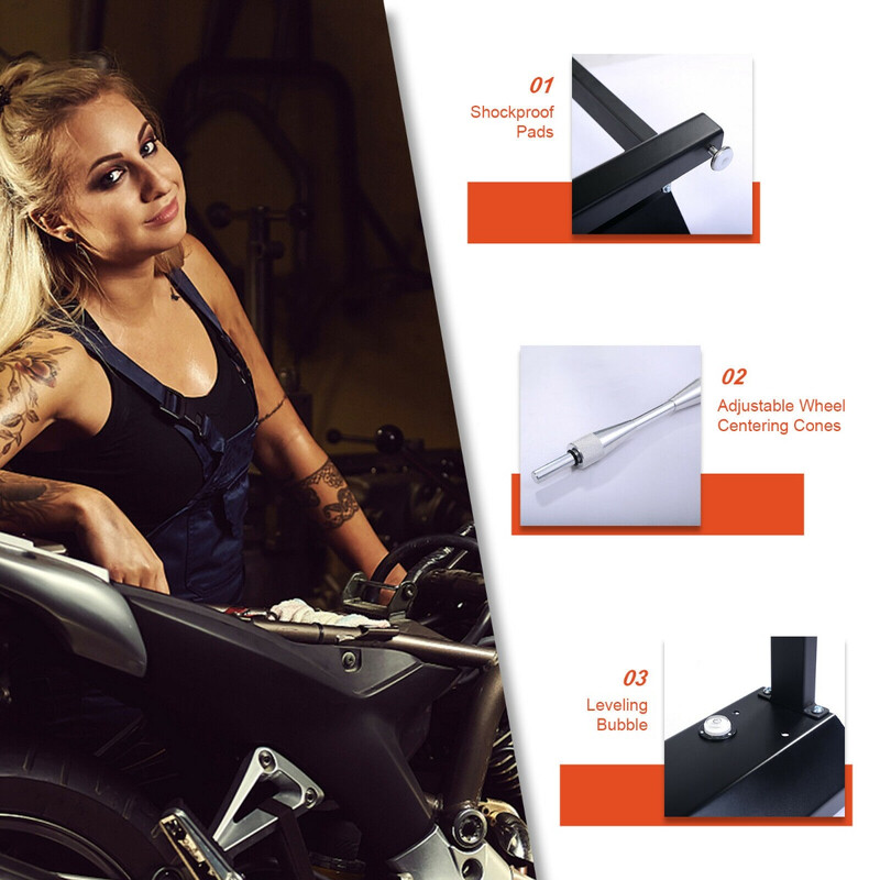Bärbar motorcykelhjulbalanserare med justerbara konor och hållbar stålkonstruktion 40,5 x 22 x 51 cm