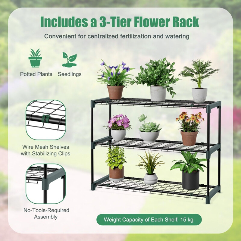 Folieväxthus med blomställning och dragkedjedörrar, 198,5 x 98 x 215 cm, grön