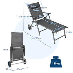 Hopfällbar solstol i aluminium med hjul och justerbart ryggstöd, grå 137,5 x 75 x 23,5 cm