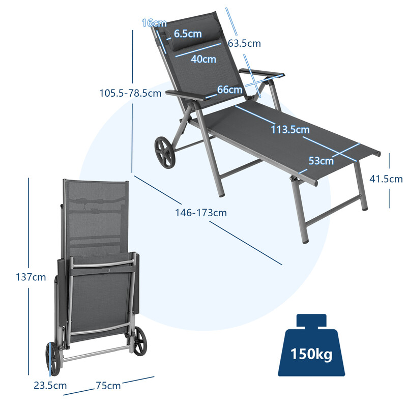 Hopfällbar solstol i aluminium med hjul och justerbart ryggstöd, grå 137,5 x 75 x 23,5 cm