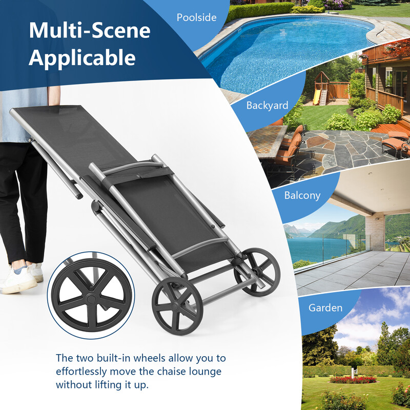Hopfällbar solstol i aluminium med hjul och justerbart ryggstöd, grå 137,5 x 75 x 23,5 cm