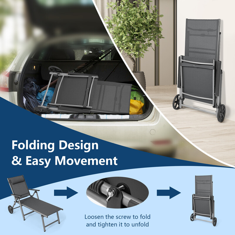 Hopfällbar solstol i aluminium med hjul och justerbart ryggstöd, grå 137,5 x 75 x 23,5 cm