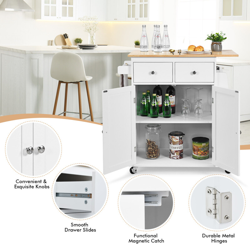 Köksö med förvaring och hjul i vit gummiträ för flexibel användning