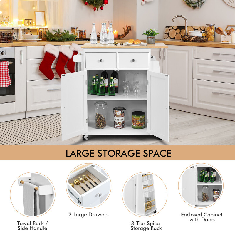 Köksö med förvaring och hjul i vit gummiträ för flexibel användning