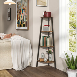 Industriell hörnhylla med 4 hyllplan i brun och svart för kompakt förvaring